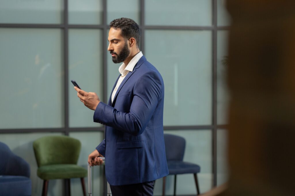 Profile photo of serious man that reading message